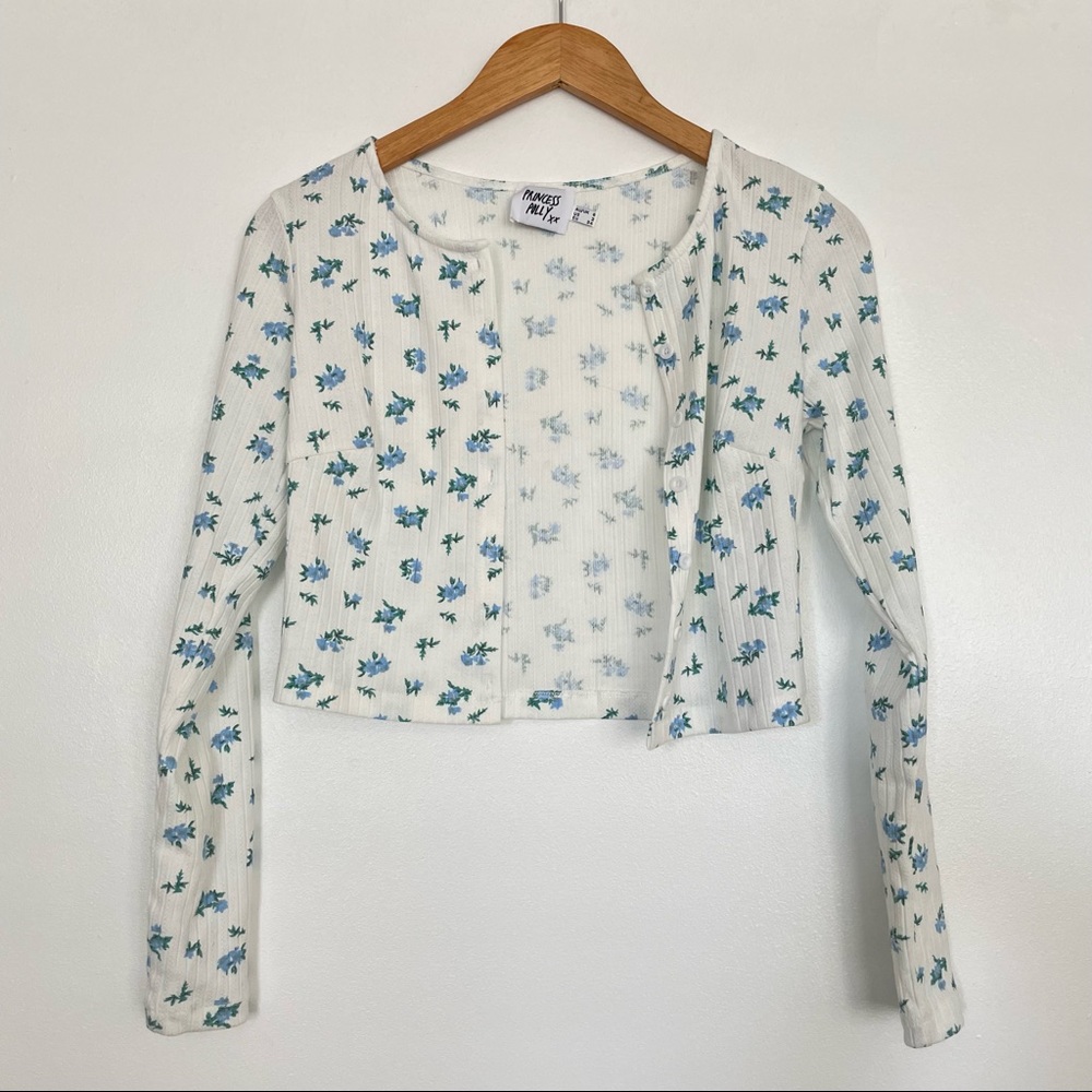 Princess Polly crop cardigan white with blue flowers size 2